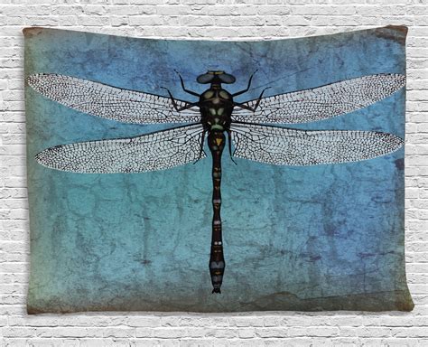 Dragonfly Tapestry, Grunge Vintage Old Backdrop and Dragonfly Bug Ombre Image, Wall Hanging for ...