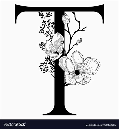 Hand drawn floral uppercase t monogram vector image on VectorStock | Flower drawing, How to draw ...