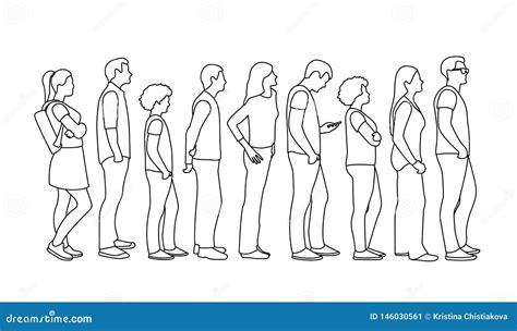 Full Length of Cartoon People Standing in Line Outline Stock Vector - Illustration of looking ...