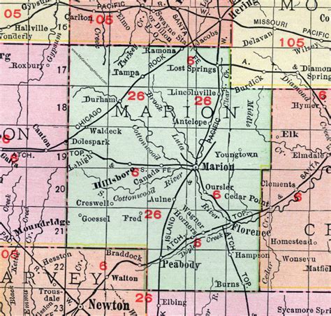 Marion County, Kansas, 1911, Map, Marion City, Hillsboro, Florence, Peabody