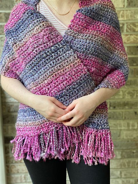 Hand Crocheted Fringed Comfort or Prayer Shawl Made from Mixed Berry Color Lion Brand Homespun ...