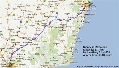 Melbourne to Sydney Road Map by most direct route Total Kilometres ...