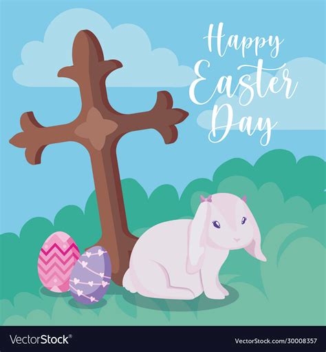 Catholic cross cute rabbit and easter eggs Vector Image