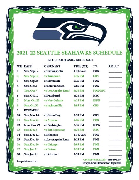 Printable 2021-2022 Seattle Seahawks Schedule