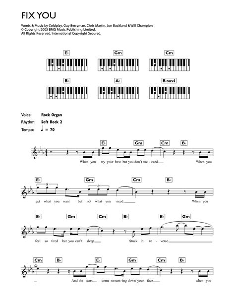 Fix You by Coldplay Sheet Music for Piano Chords/Lyrics at Sheet Music ...