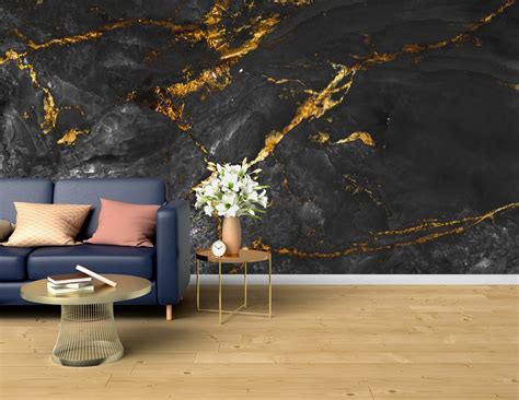 Black Marble Wallpaper, Gold Veins Marble Peel and Stick Wall Mural ...