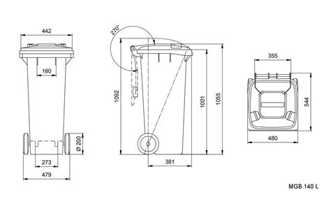 Sizes, dimensions and measures of the wheelie bins 140 litre images-pictures