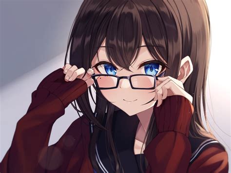 blue eyes blush brown hair close glasses gradient kurousagi yuu long hair original school ...