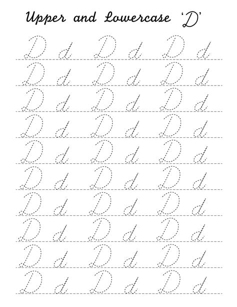 Cursive 'D' worksheets to practice capital, upper and lowercase letter Ds - Printerfriendly