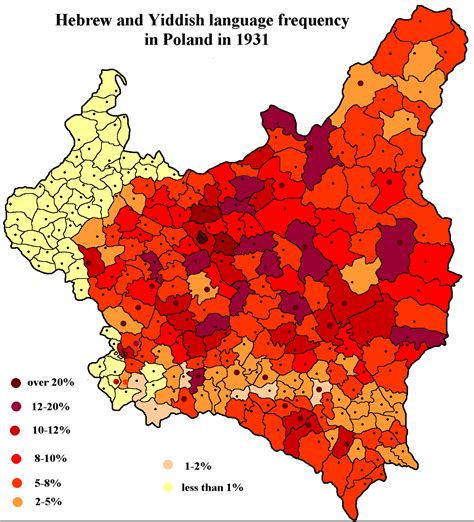 A map of the Hebrew and Yiddish language frequency in Poland based on ...