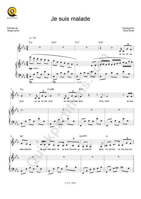 Je suis malade Piano Sheet Music from Serge Lama