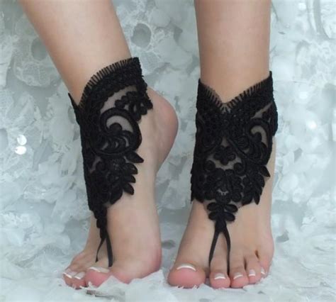 Black French Lace Gothic Barefoot Sandals Flexible Wrist Beach Wedding ...