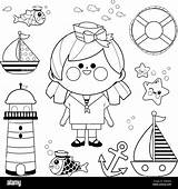 Sailor Girl Nautical Set Vector Black And White coloring Page Stock  sketch template