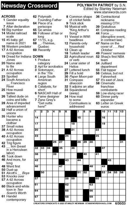 Newsday Crossword Puzzle for Jun 30, 2023, by Stanley Newman | Creators ...