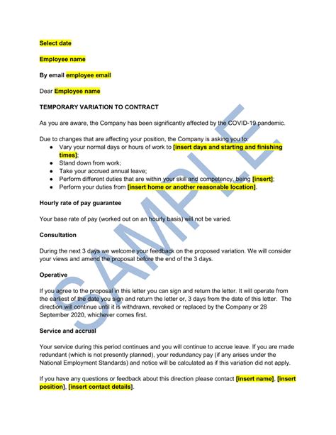 Temporary Variation of Employment Contract - Easy Legal Templates