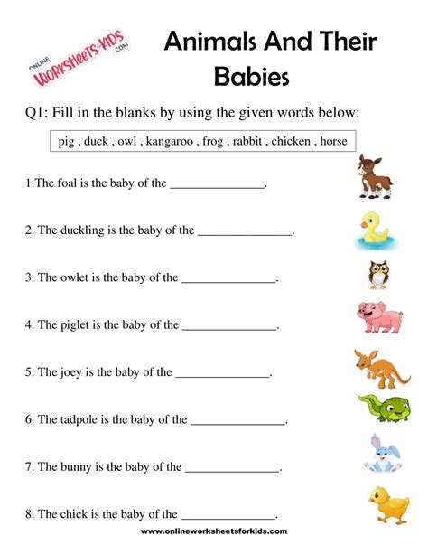 Free Animal and Their Babies Worksheet for Grade 1