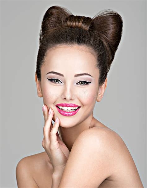 Smiling Face of Young Woman with Creative Hairstyle Stock Image - Image of posing, caucasian ...