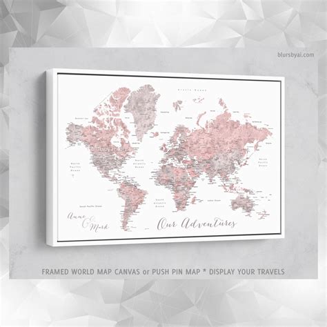Custom world map with cities, canvas print or push pin map in dusty ...