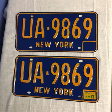 Vintage 1973 Set of 2 New York License Plates, "UA 9869", Blue and Yellow New York Car Tags ...