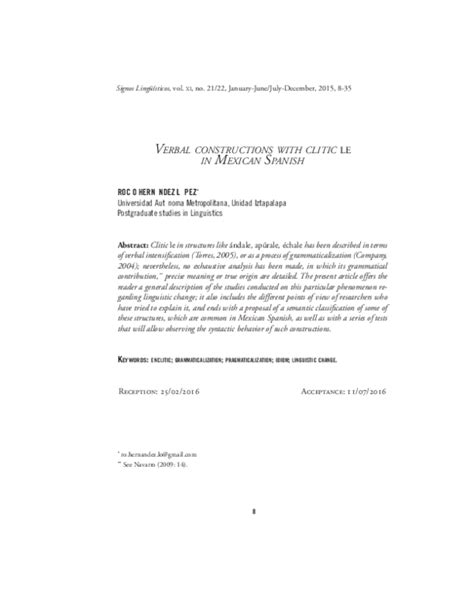 (PDF) VERBAL CONSTRUCTIONS WITH CLITIC LE IN MEXICAN SPANISH | Rocío Hernández L. - Academia.edu