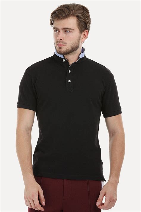 Buy Online Mandarin Collar Black Polo T-Shirt for Men at Zobello