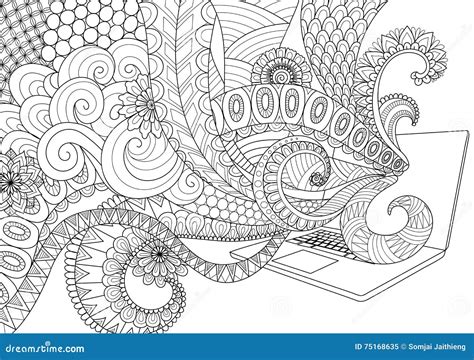 Doodle Design of Fun Line Art Flowing Out of Laptop for Adult Coloring ...