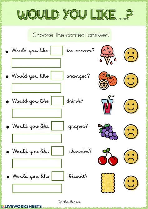 Would you like...? - Interactive worksheet | English lessons for kids, Worksheets for kids ...