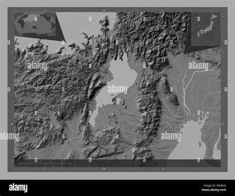 Shiga, prefecture of Japan. Bilevel elevation map with lakes and rivers ...