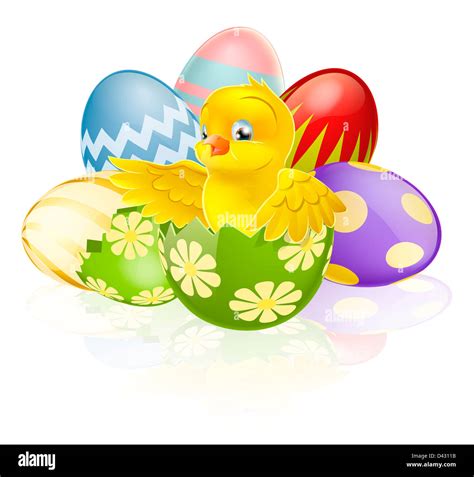 Illustration of a cartoon Easter chick hatching out of a broken Easter ...