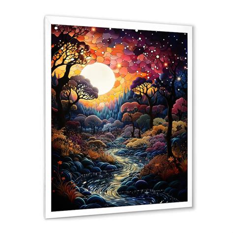 Designart "Mystic Forest River Sunset Pastoral IV" Landscape Lake River ...