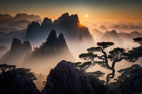 Early Morning Sunrise in the Huangshan Mountains,Generative AI Stock ...