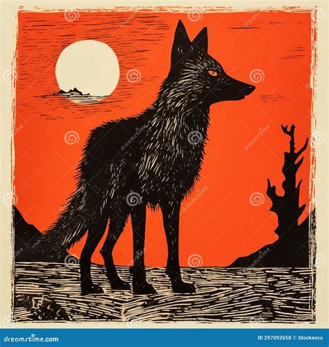 Wolf on Wood: a Dark Orange and Light Black Woodblock Print by David ...