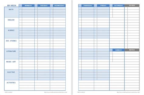 Download a free printable weekly student planner template for Excel or ...