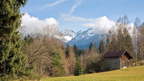 HD wallpaper: hut, trees, clouds, sky, mountains, landscape, plant ...