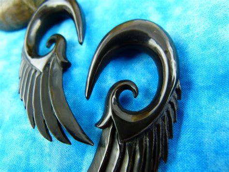 Black Feather Gauged Earrings - Black Wing Plugs (Pair) - B008– Two Feather Plugs