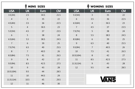 Vans Shoe Size Chart Women