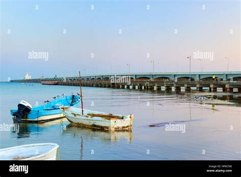 "El Chcoloate" fishing pier seen alongside the 4 miles long Progreso customs pier, in Progreso ...