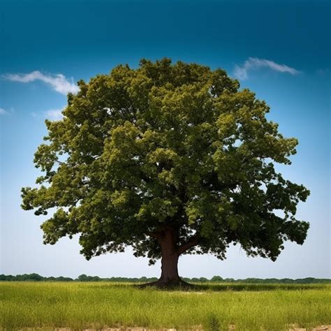 Premium Photo | A close up of a large tree in a field with a blue sky ...