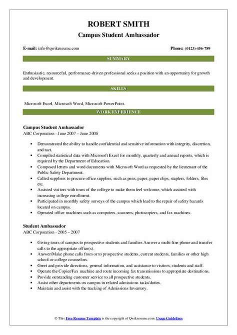 Student Ambassador Resume Samples | QwikResume