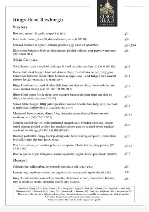 Menu at Kings Head Bawburgh restaurant, Bawburgh, Harts Ln