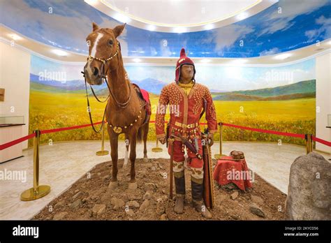 A statue of the symbol of Kazakhstan, The Golden Man with his horse. At the Local History Museum ...