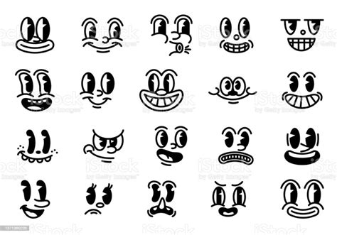 Set of retro cartoon mascot characters. Vintage funny faces with... | Cartoon style drawing ...