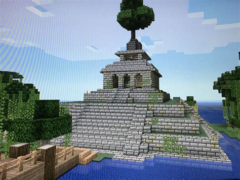 Player-created jungle temple. 34 by 34 blocks, stone brick. Top of the structure contains a ...