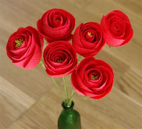 6 Light Red Crepe Paper Ranunculus , Light Red Paper Flowers For Wedding, Red Paper Flowers Home ...