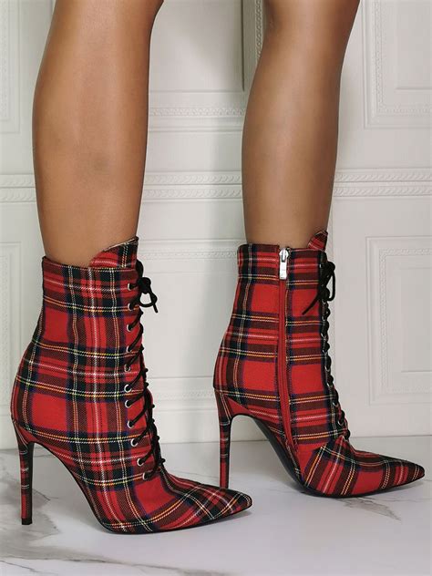 Women Ankle Boots Red Canvas Pointed Toe Stiletto Heel Sky High Houndstooth Booties - Milanoo.com