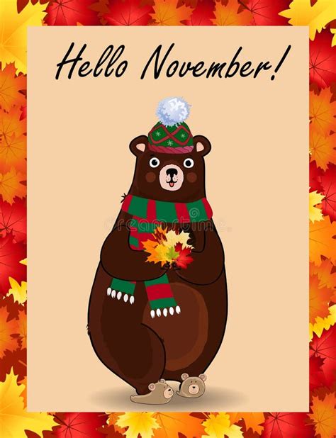 Hello November Poster with Cute Bear in Hat and Scarf Holding Fallen ...