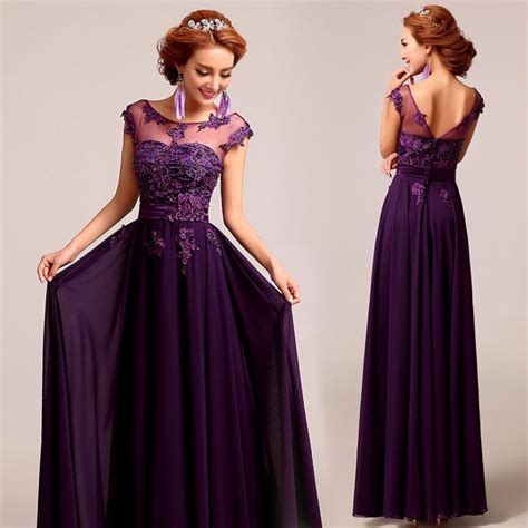 Deep plum purple chiffon lace floor length A-line evening gown ...