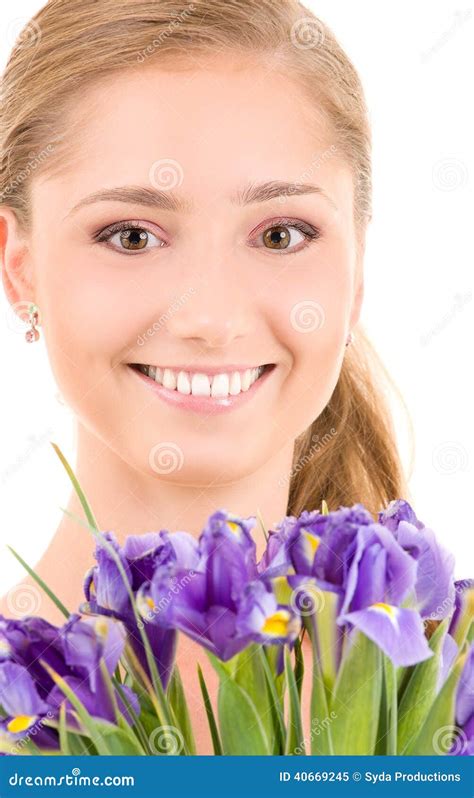 Happy girl with flowers stock image. Image of face, beauty - 40669245