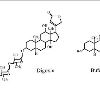 Digoxin, a cardenolide and cardiac glycoside. Bufalin is a ...