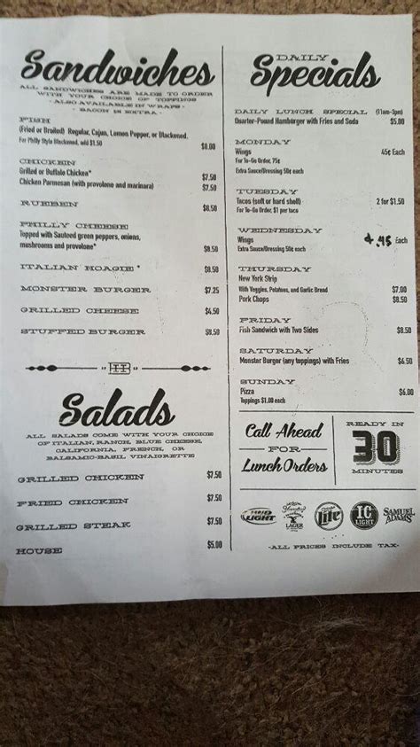 Menu at Highland Bar, Pittsburgh